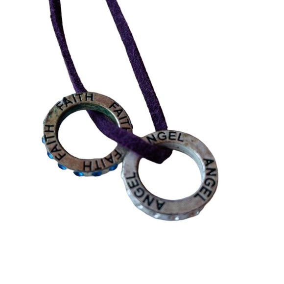 Purple Leather cord necklace with bling rings inscribed with Angel & Faith - Picture 6 of 6